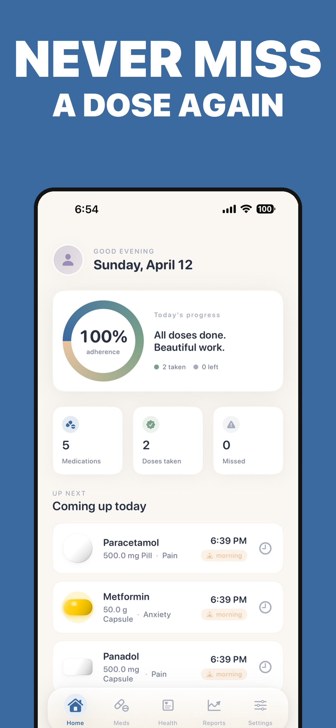 PillRem home screen showing daily medications and smart reminders