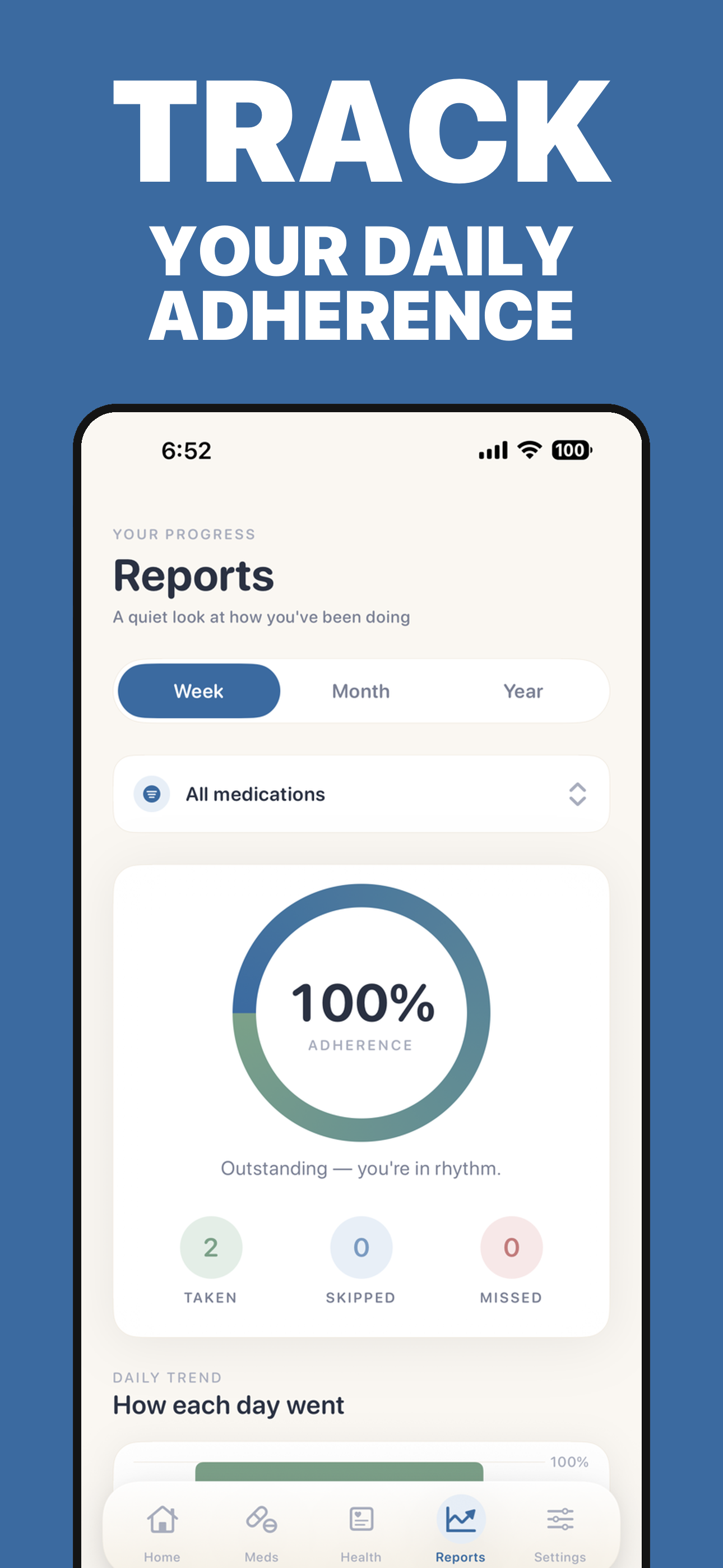 PillRem adherence tracking showing streak and weekly consistency